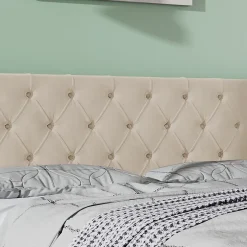Redom Lit 160x200 cm style Chesterfield avec tête haute 94,5 cm, revêtement velours beige et rangement hydraulique Discount