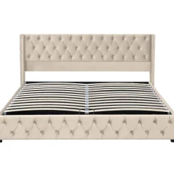 Redom Lit 160x200 cm style Chesterfield avec tête haute 94,5 cm, revêtement velours beige et rangement hydraulique Discount