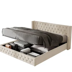 Redom Lit 160x200 cm style Chesterfield avec tête haute 94,5 cm, revêtement velours beige et rangement hydraulique Discount
