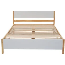 Redom Lit 140x200 cm, style intemporel blanc et bois, tête et pied en MDF, cadre pin massif avec pieds centraux Best