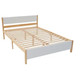 Redom Lit 140x200 cm, style intemporel blanc et bois, tête et pied en MDF, cadre pin massif avec pieds centraux Best