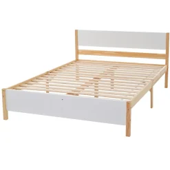 Redom Lit 140x200 cm, style intemporel blanc et bois, tête et pied en MDF, cadre pin massif avec pieds centraux Best