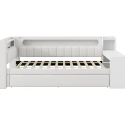 Redom Lit 90x200 cm tapissé avec éclairage LED et ports USB, tiroir gigogne et bureau intégré de couleur blanche Best