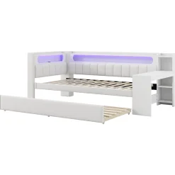 Redom Lit 90x200 cm tapissé avec éclairage LED et ports USB, tiroir gigogne et bureau intégré de couleur blanche Best