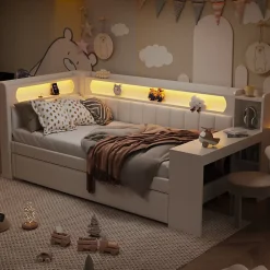 Redom Lit 90x200 cm tapissé avec éclairage LED et ports USB, tiroir gigogne et bureau intégré de couleur blanche Best
