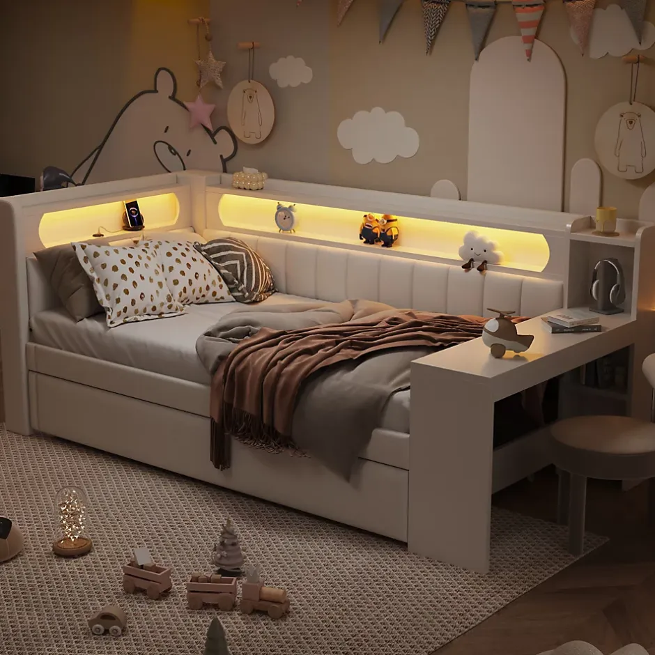 Redom Lit 90x200 cm tapissé avec éclairage LED et ports USB, tiroir gigogne et bureau intégré de couleur blanche Best