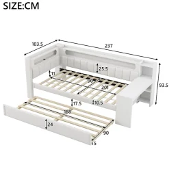 Redom Lit 90x200 cm tapissé avec éclairage LED et ports USB, tiroir gigogne et bureau intégré de couleur blanche Best
