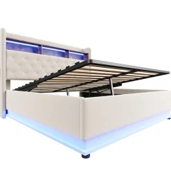 Redom Lit 180x200 cm tapissé beige avec LED multicolore et rangement hydraulique, cadre métal stable