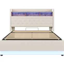 Redom Lit 180x200 cm tapissé beige avec LED multicolore et rangement hydraulique, cadre métal stable