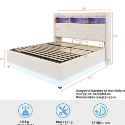 Redom Lit 180x200 cm tapissé beige avec LED multicolore et rangement hydraulique, cadre métal stable