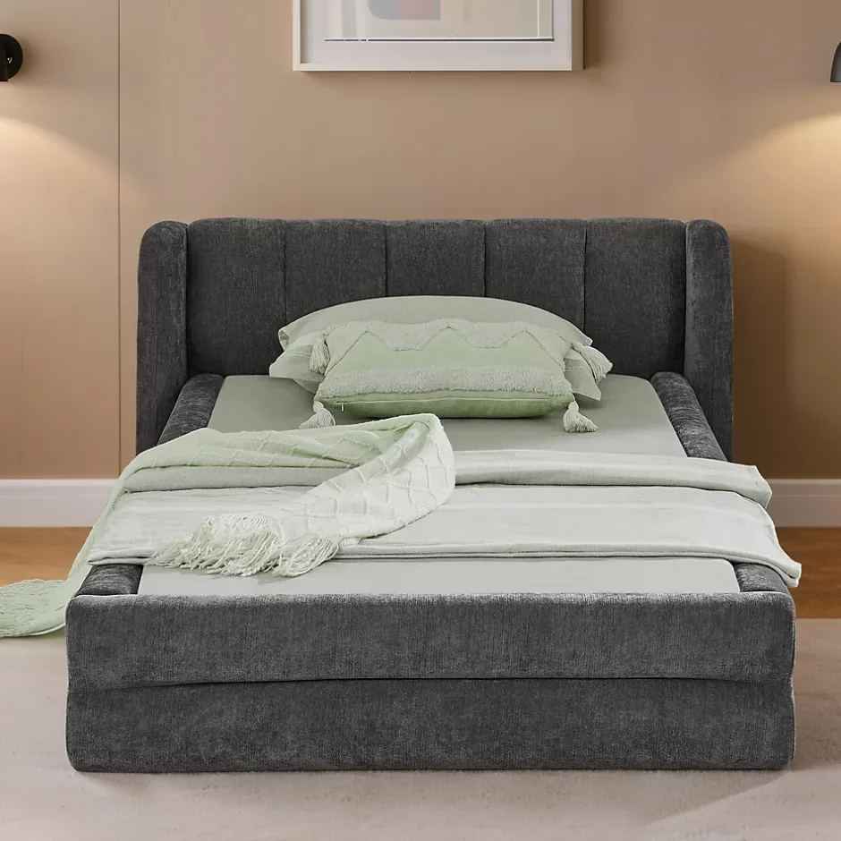 Redom Lit 90x200 cm tapissé chenille Dark Gray avec tête de lit ergonomique et profil bas minimaliste Clearance