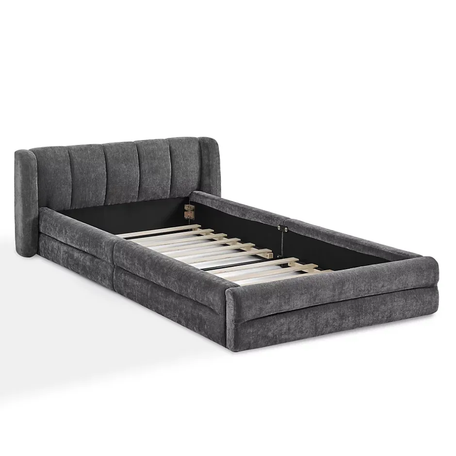 Redom Lit 90x200 cm tapissé chenille Dark Gray avec tête de lit ergonomique et profil bas minimaliste Clearance