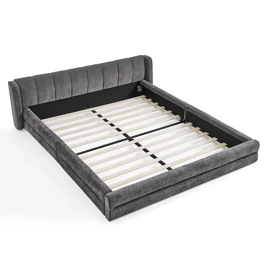 Redom Lit 140x200 cm tapissé chenille avec tête matelassée et structure renforcée, gris foncé, design scandinave Sale