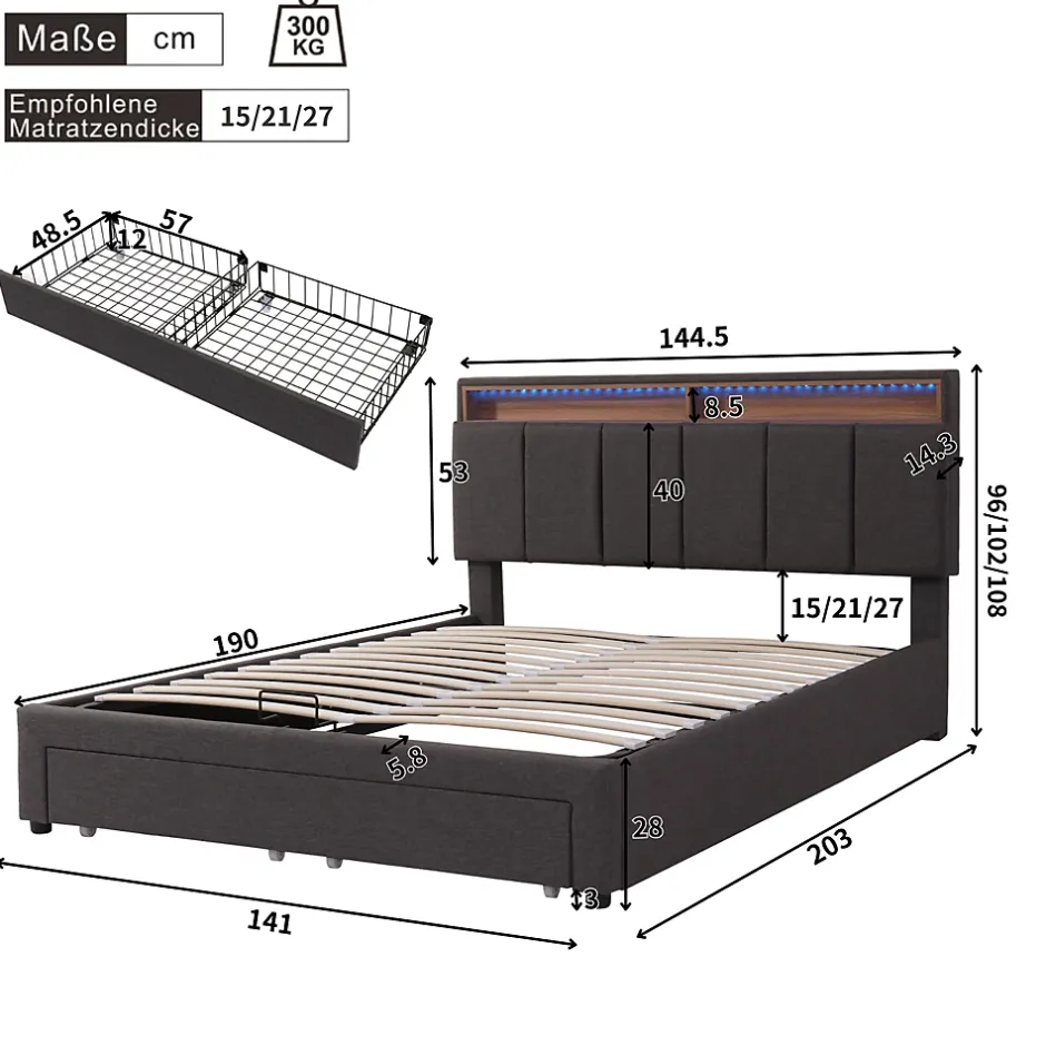 Redom Lit 140x190 cm tapissé effet lin avec tête de lit à éclairage LED, rangement sous le lit et structure acier Best