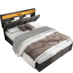 Redom Lit 140x190 cm tapissé effet lin avec tête de lit à éclairage LED, rangement sous le lit et structure acier Best