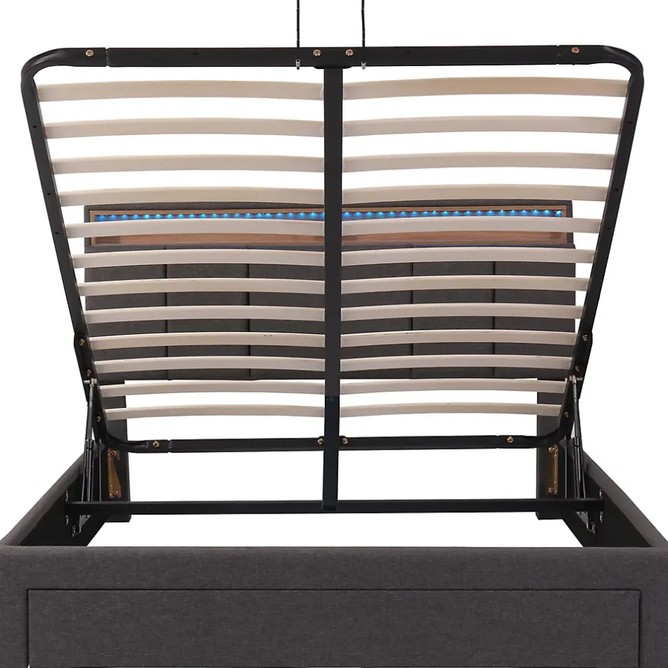 Redom Lit 140x190 cm tapissé effet lin avec tête de lit à éclairage LED, rangement sous le lit et structure acier Best