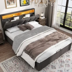 Redom Lit 140x190 cm tapissé effet lin avec tête de lit à éclairage LED, rangement sous le lit et structure acier Best