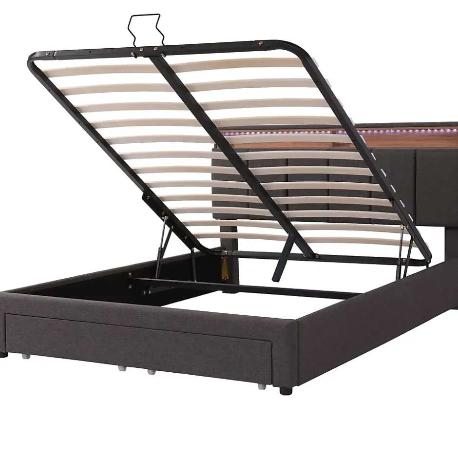 Redom Lit 140x190 cm tapissé effet lin avec tête de lit à éclairage LED, rangement sous le lit et structure acier Best