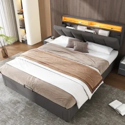 Redom Lit 140x190 cm tapissé effet lin avec tête de lit à éclairage LED, rangement sous le lit et structure acier Best