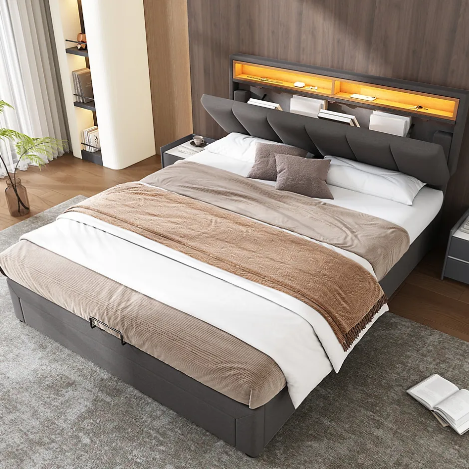 Redom Lit 140x190 cm tapissé effet lin avec tête de lit à éclairage LED, rangement sous le lit et structure acier Best