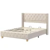 Redom Lit 160x200 cm tapissé en lin avec tête capitonnée et clous décoratifs, pieds renforcés beiges Discount