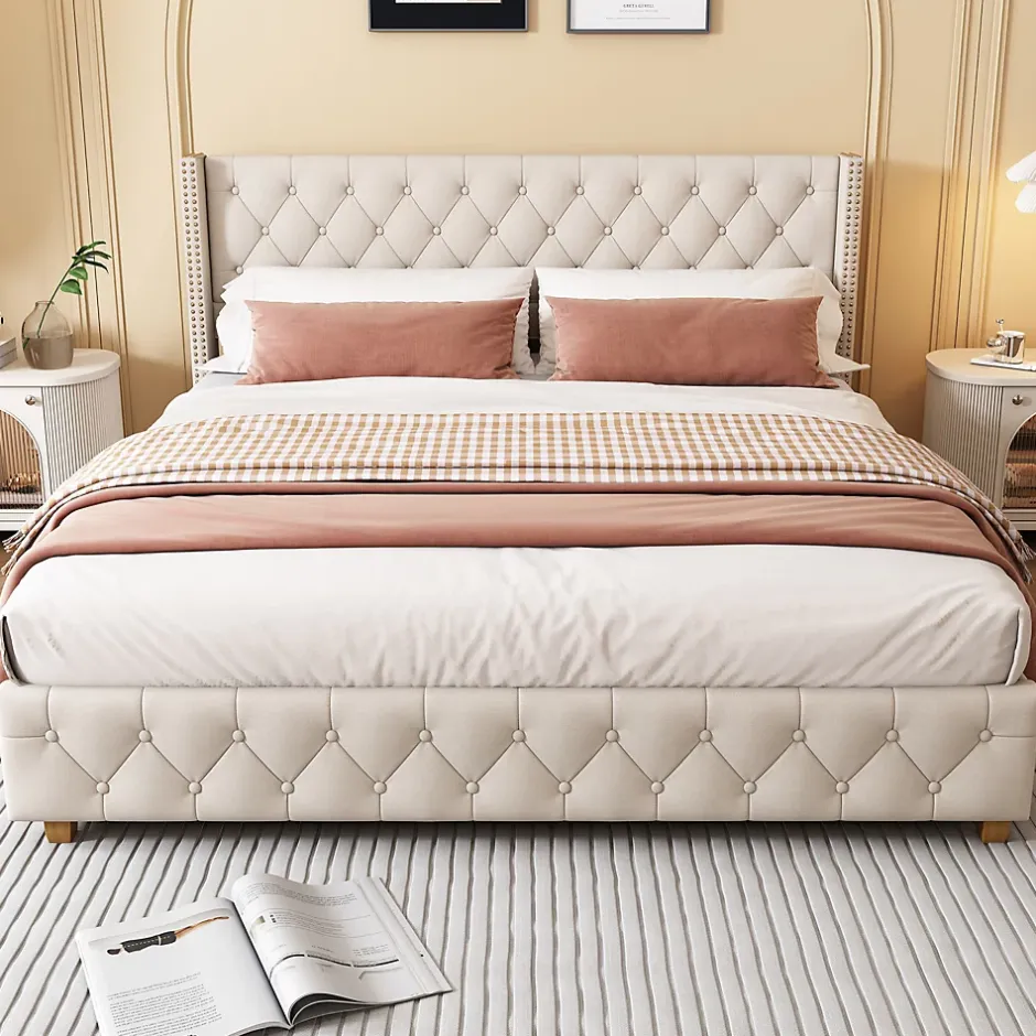 Redom Lit 160x200 cm tapissé en lin avec tête capitonnée et clous décoratifs, pieds renforcés beiges Discount