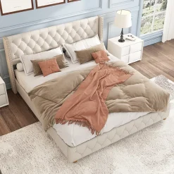 Redom Lit 160x200 cm tapissé en lin avec tête capitonnée et clous décoratifs, pieds renforcés beiges Discount