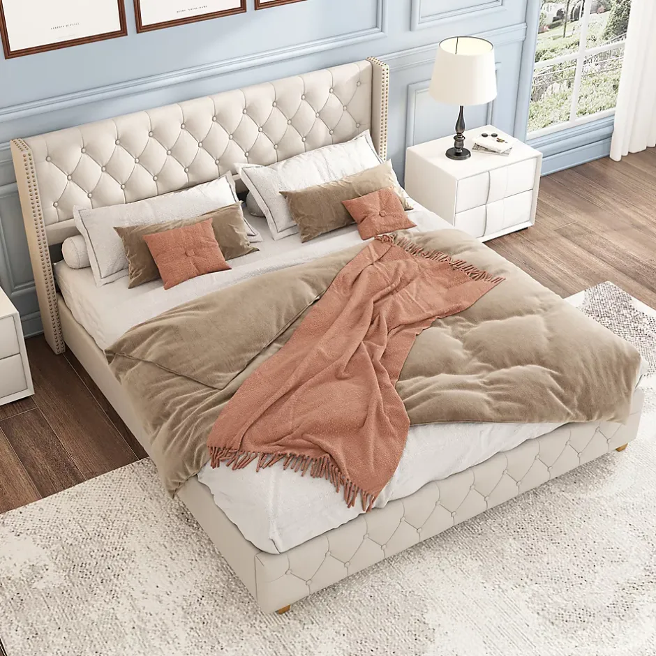 Redom Lit 160x200 cm tapissé en lin avec tête capitonnée et clous décoratifs, pieds renforcés beiges Discount