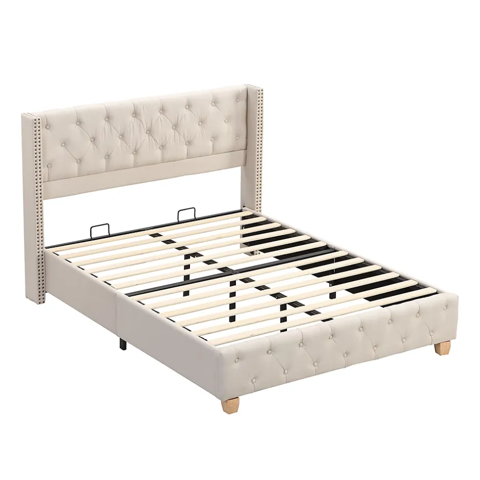 Redom Lit 160x200 cm tapissé en lin avec tête capitonnée et clous décoratifs, pieds renforcés beiges Discount
