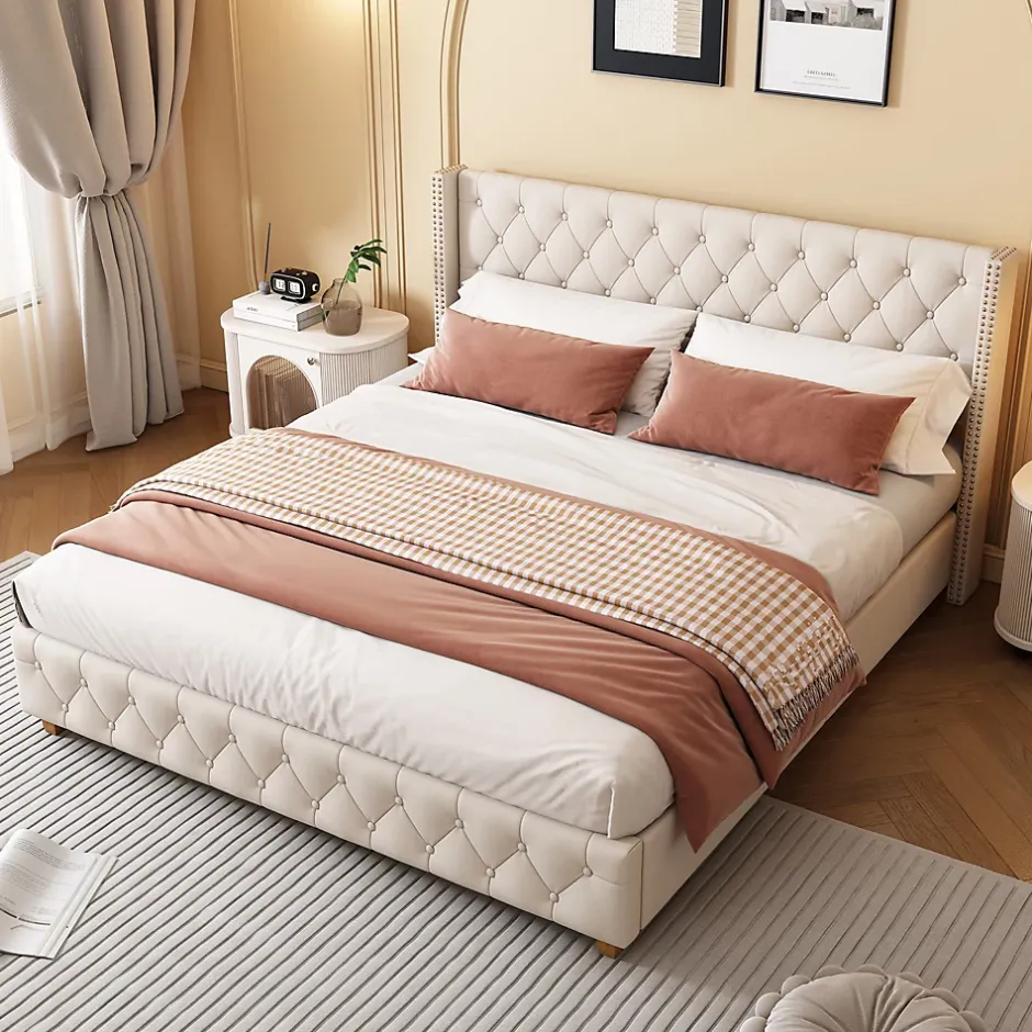 Redom Lit 160x200 cm tapissé en lin avec tête capitonnée et clous décoratifs, pieds renforcés beiges Discount