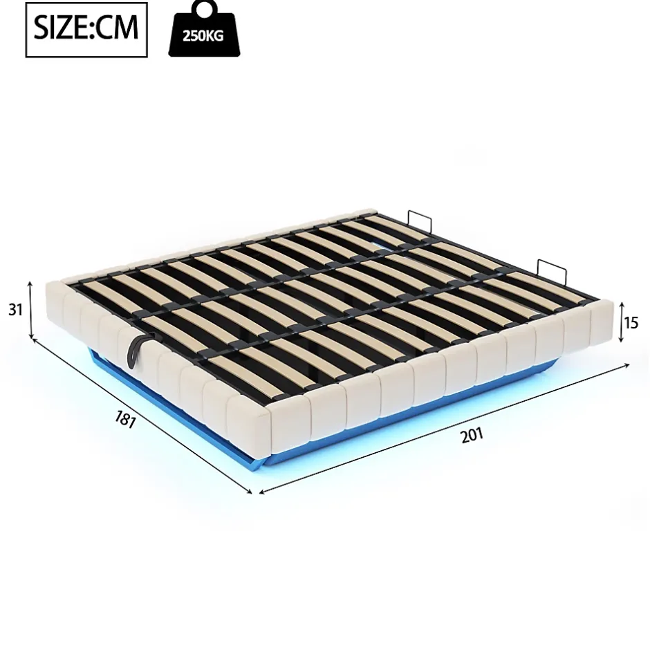 Redom Lit 180x200 cm tapissé en lin beige avec rangement hydraulique et bande LED intégrée, sans tête, cadre métal robuste Online