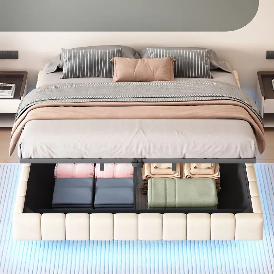 Redom Lit 180x200 cm tapissé en lin beige avec rangement hydraulique et bande LED intégrée, sans tête, cadre métal robuste Online