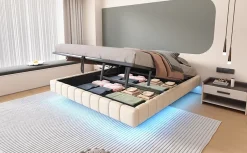 Redom Lit 180x200 cm tapissé en lin beige avec rangement hydraulique et bande LED intégrée, sans tête, cadre métal robuste Online