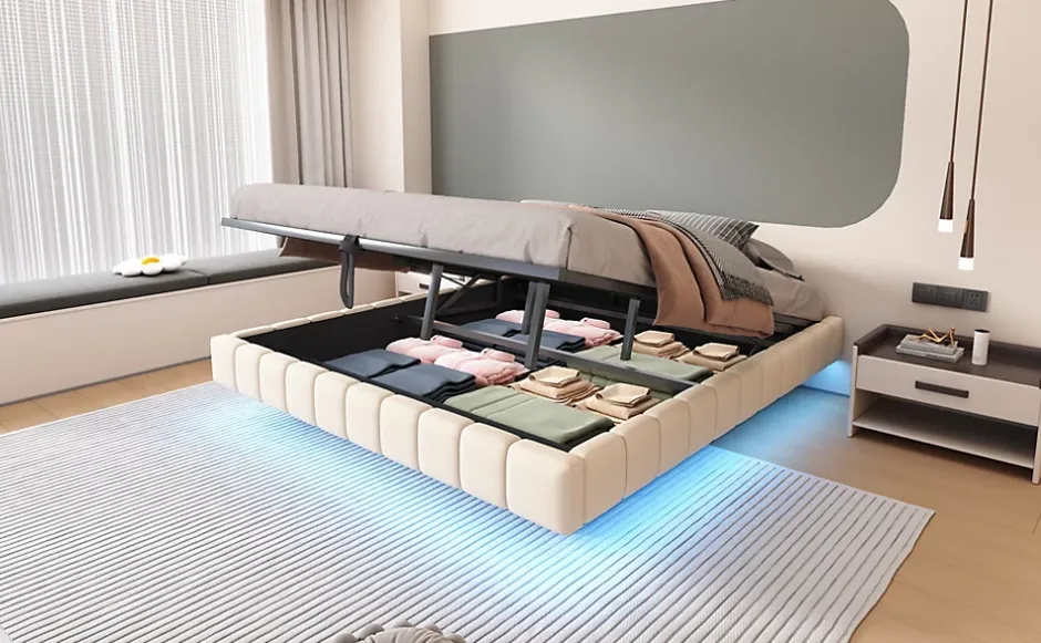 Redom Lit 180x200 cm tapissé en lin beige avec rangement hydraulique et bande LED intégrée, sans tête, cadre métal robuste Online