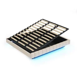 Redom Lit 180x200 cm tapissé en lin beige avec rangement hydraulique et bande LED intégrée, sans tête, cadre métal robuste Online