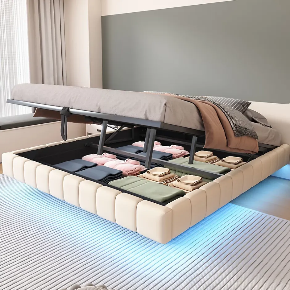 Redom Lit 180x200 cm tapissé en lin beige avec rangement hydraulique et bande LED intégrée, sans tête, cadre métal robuste Online