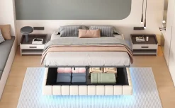 Redom Lit 180x200 cm tapissé en lin beige avec rangement hydraulique et bande LED intégrée, sans tête, cadre métal robuste Online