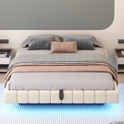 Redom Lit 180x200 cm tapissé en lin beige avec rangement hydraulique et bande LED intégrée, sans tête, cadre métal robuste Online