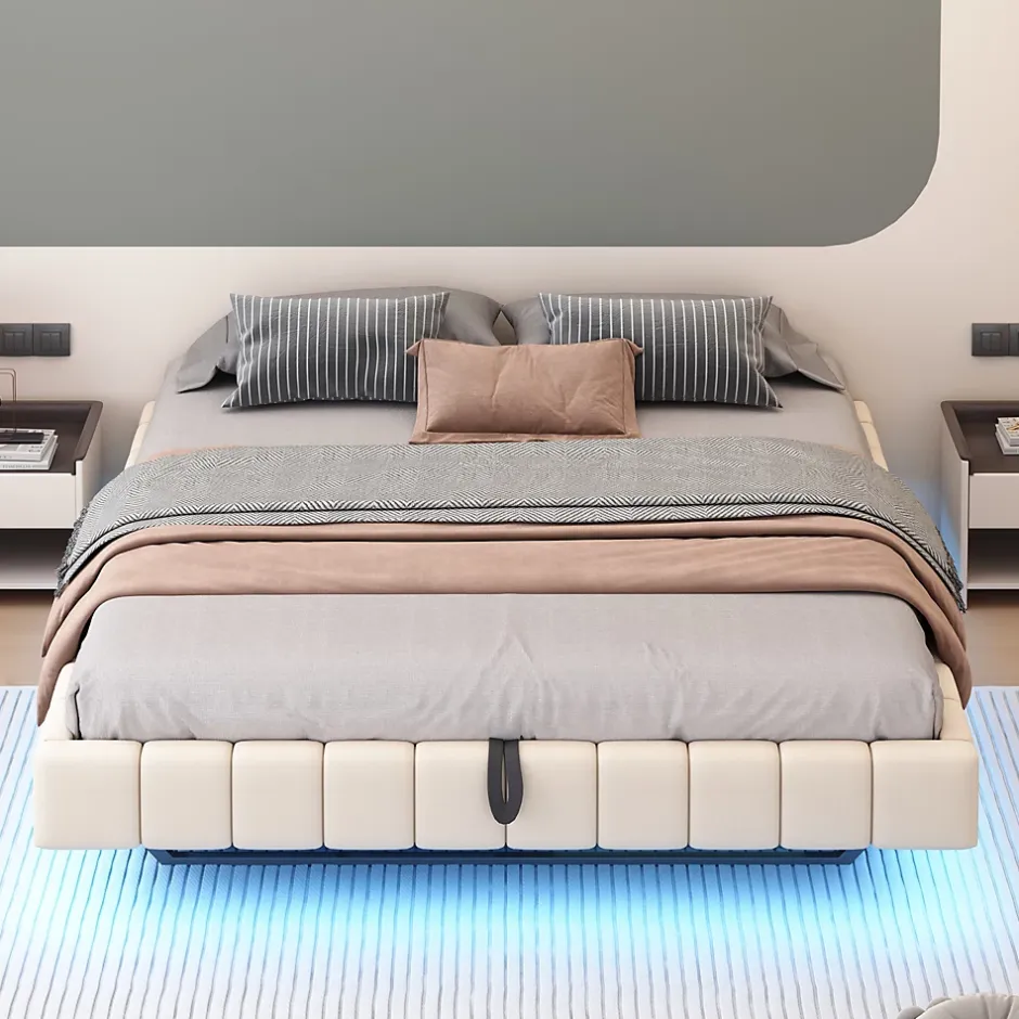 Redom Lit 180x200 cm tapissé en lin beige avec rangement hydraulique et bande LED intégrée, sans tête, cadre métal robuste Online