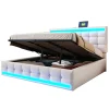 Redom Lit 180x200 cm tapissé en lin beige avec bande LED RGB intégrée, tête de lit réglable et ports USB Hot