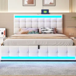 Redom Lit 180x200 cm tapissé en lin beige avec bande LED RGB intégrée, tête de lit réglable et ports USB Hot