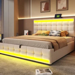 Redom Lit 180x200 cm tapissé en lin beige avec bande LED RGB intégrée, tête de lit réglable et ports USB Hot