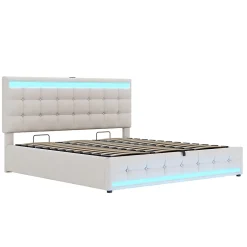 Redom Lit 180x200 cm tapissé en lin beige avec bande LED RGB intégrée, tête de lit réglable et ports USB Hot
