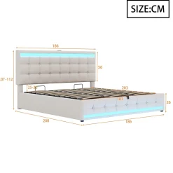 Redom Lit 180x200 cm tapissé en lin beige avec bande LED RGB intégrée, tête de lit réglable et ports USB Hot
