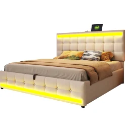 Redom Lit 180x200 cm tapissé en lin beige avec bande LED RGB intégrée, tête de lit réglable et ports USB Hot