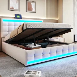 Redom Lit 180x200 cm tapissé en lin beige avec bande LED RGB intégrée, tête de lit réglable et ports USB Hot