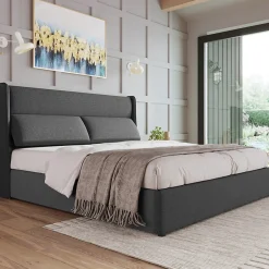 Redom Lit 160x200 cm tapissé en lin gris avec tête de lit réglable et coffre de rangement hydraulique