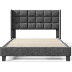 Redom Lit 140x200 cm tapissé en lin gris, tête de lit haute et rembourrée, sommier à lattes intégré, pieds noirs Online