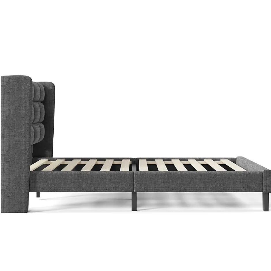 Redom Lit 140x200 cm tapissé en lin gris, tête de lit haute et rembourrée, sommier à lattes intégré, pieds noirs Online