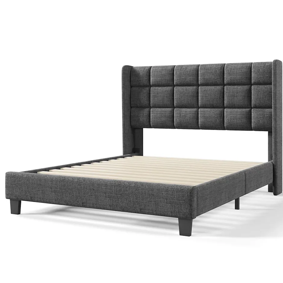 Redom Lit 140x200 cm tapissé en lin gris, tête de lit haute et rembourrée, sommier à lattes intégré, pieds noirs Online